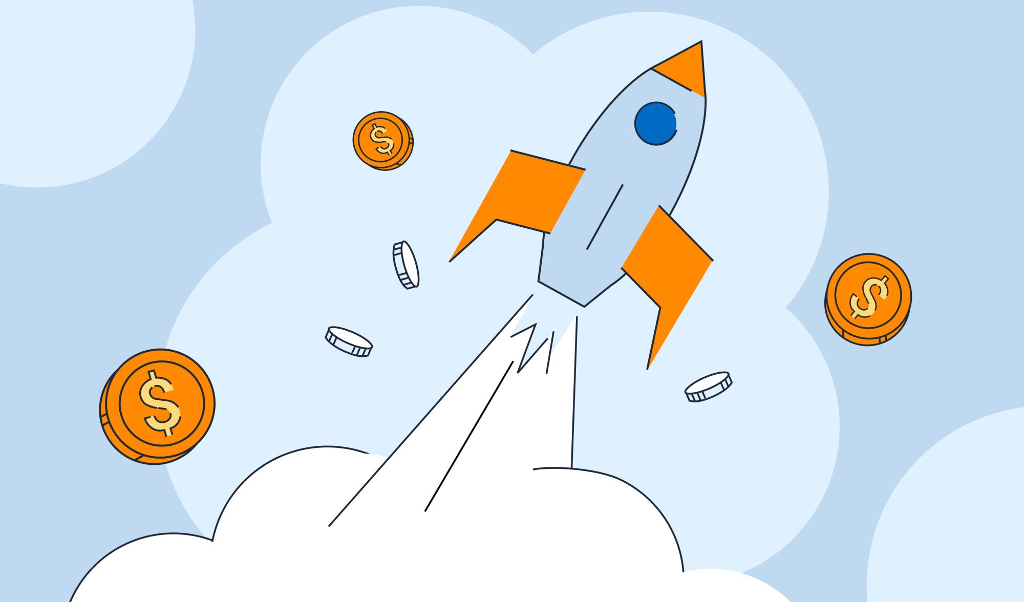 Startup Accelerator illustration of a rocketship and money